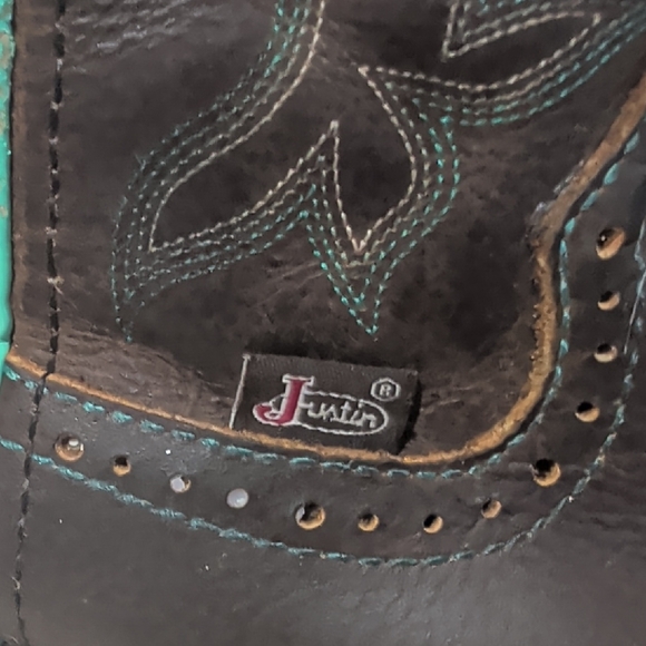 Justin Kids Leather Western Boots Brown Turquoise Stitching Size 6B - Picture 2 of 7